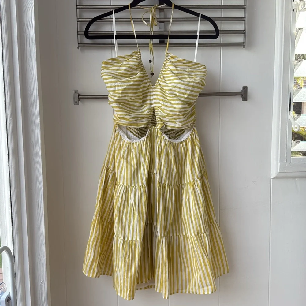 NWT Seafolly Stripe Tier Mini Dress Soft Olive Green Yelloow White Sz S